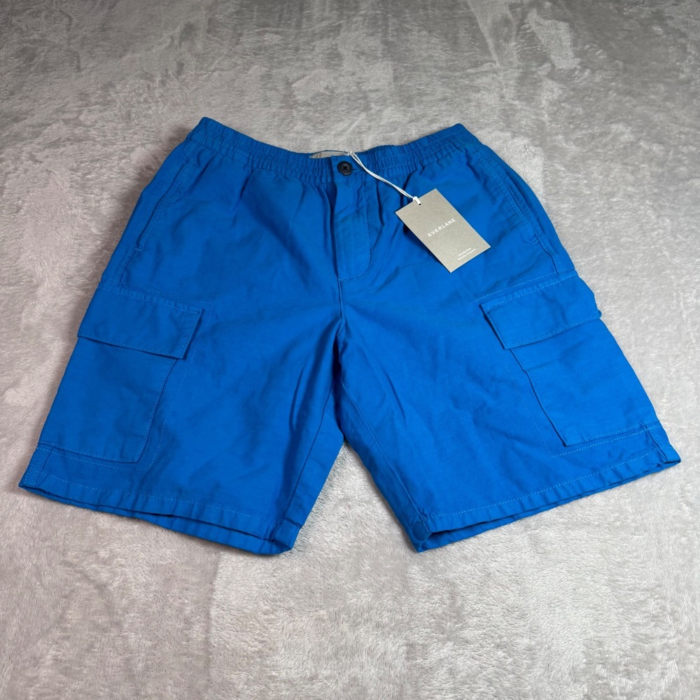 NEW Everlane Mens Blue Organic Cotton Linen Blend Cargo Shorts Size S Coastal